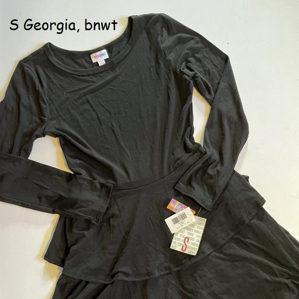 Small Lularoe Georgia Ruffled Dress, solid black, poly spandex